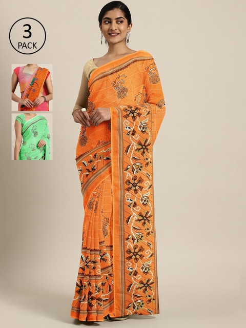 

KALINI Pack Of 3 Printed Pure Georgette Sarees, Orange