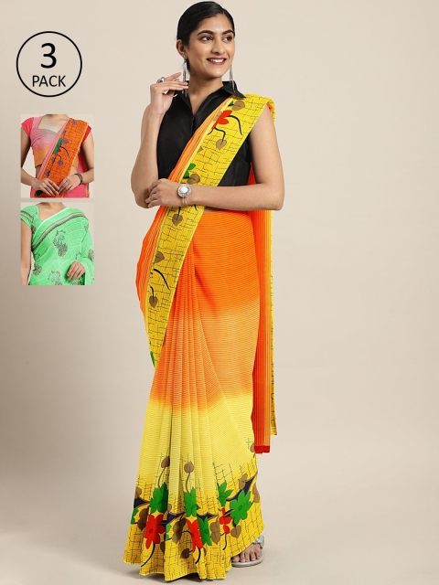 

KALINI Pack of 3 Printed Sarees, Yellow