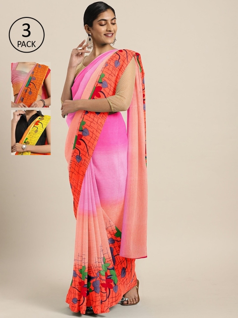 

KALINI Pack of 3 Printed Pure Georgette Saree, Pink