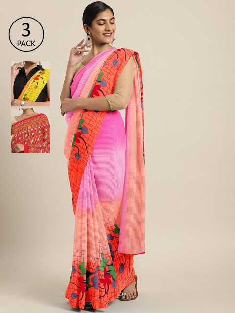 

KALINI Pack Of 3 Printed Pure Georgette Sarees, Pink