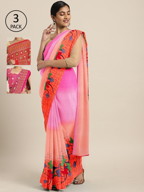 

KALINI Pack of 3 Printed Sarees, Pink
