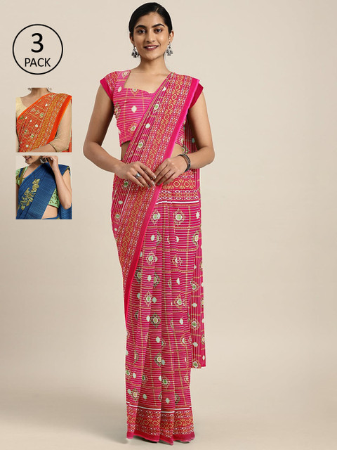 

KALINI Pack Of 3 Printed Pure Georgette Sarees, Pink