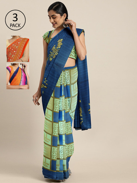 

KALINI Pack of 3 Printed Sarees, Green