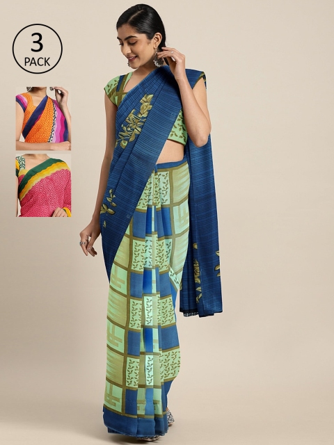

KALINI Pack of 3 Printed Pure Georgette Saree, Green