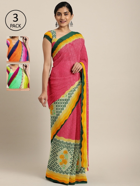 

KALINI Pack Of 3 Printed Pure Georgette Sarees, Pink