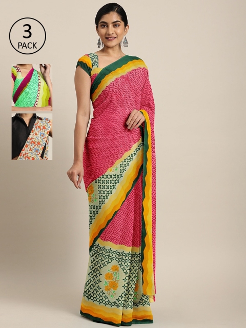 

KALINI Pack of 3 Printed Sarees, Pink