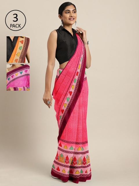 

KALINI Pack of 3 Printed Pure Georgette Saree, Pink