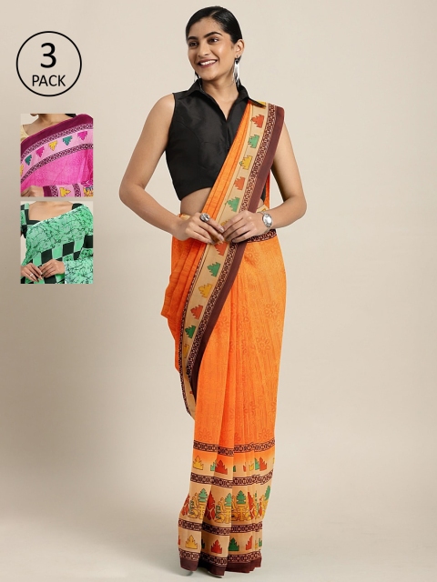 

KALINI Pack Of 3 Printed Pure Georgette Sarees, Orange