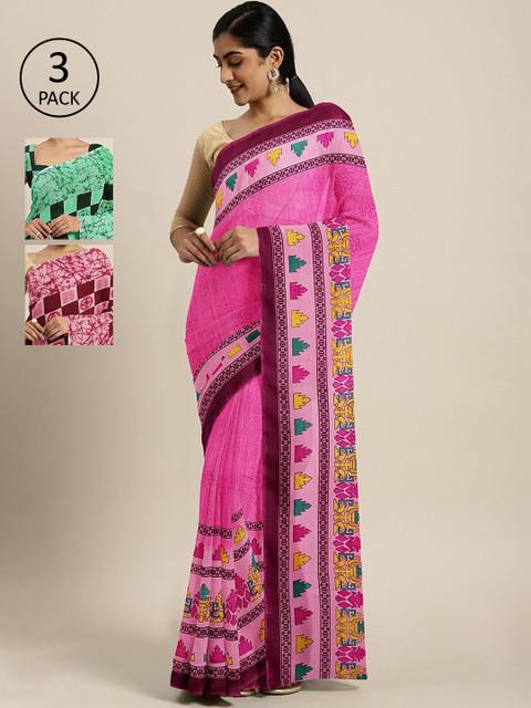

KALINI Pack of 3 Printed Sarees, Pink