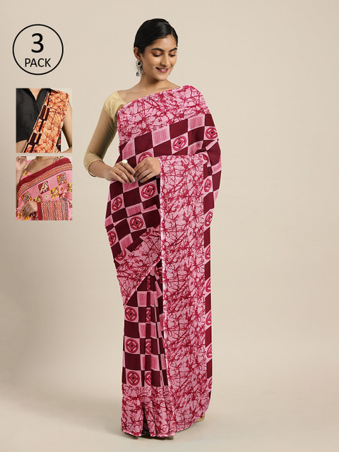 

KALINI Pack Of 3 Printed Pure Georgette Sarees, Maroon