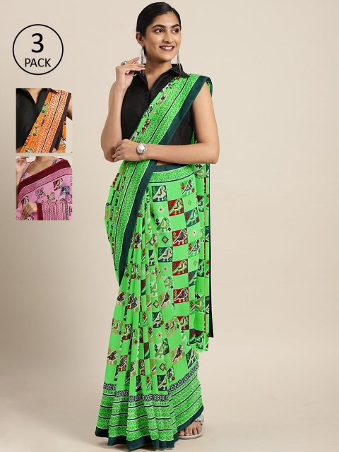 

KALINI Pack Of 3 Printed Pure Georgette Sarees, Fluorescent green