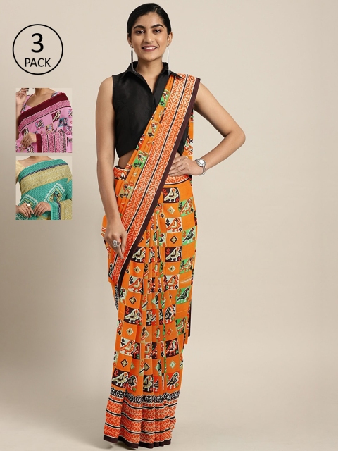 

KALINI Pack of 3 Printed Sarees, Orange