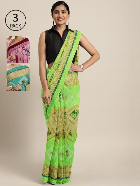 

KALINI Pack of 3 Printed Pure Georgette Saree, Green