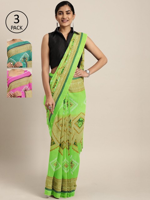 

KALINI Pack Of 3 Printed Pure Georgette Sarees, Green