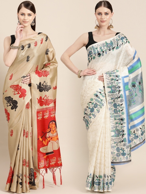 

KALINI Pack of 2 Beige & Cream Printed Art Silk Saree Saree