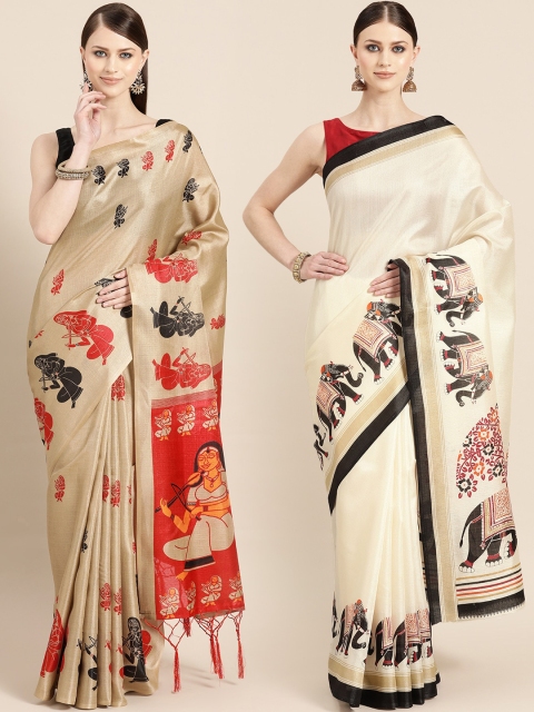 

KALINI Pack of 2 Beige & Off White Printed Art Silk Saree