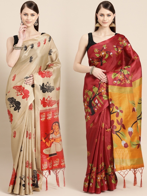 

KALINI Beige & Red Art Silk Set of 2 Printed Saree