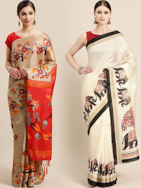 

KALINI Pack of 2 Beige & Off-White Printed Art Silk Saree