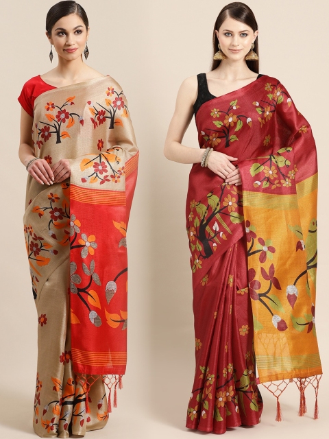 

KALINI Pack of 2 Beige & Red Art Silk Sarees