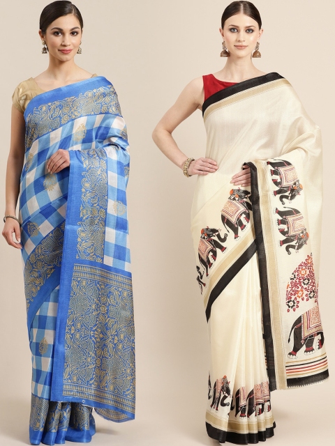 

KALINI Pack of 2 Blue & Off White Checked Art Silk Saree