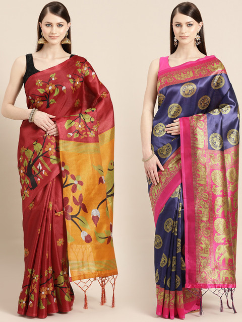 

KALINI Pack of 2 Maroon & Navy Blue Printed Art Silk Saree