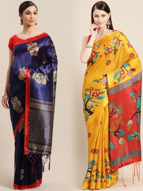 

KALINI Pack Of 2 Printed Art Silk Sarees, Navy blue
