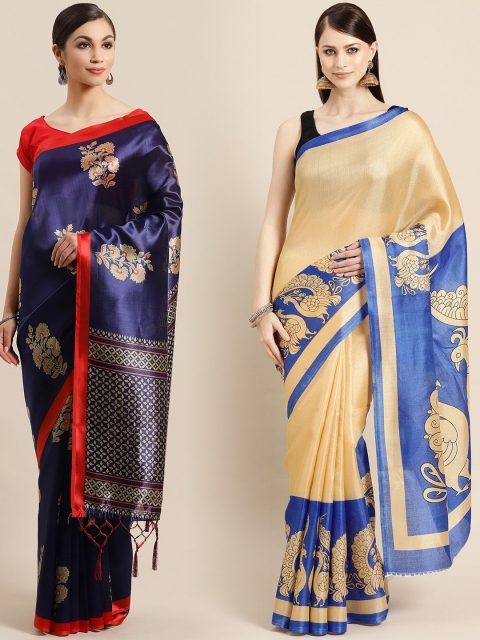 

KALINI Navy Blue & Beige Art Silk Set of 2 Printed Saree