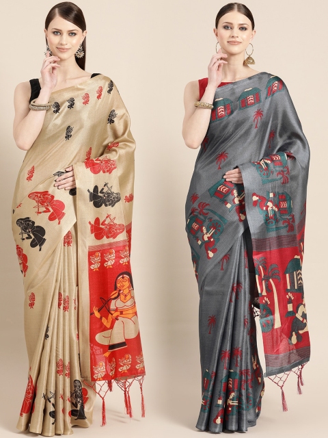 

KALINI Pack of 2 Beige & Black Art Silk Sarees