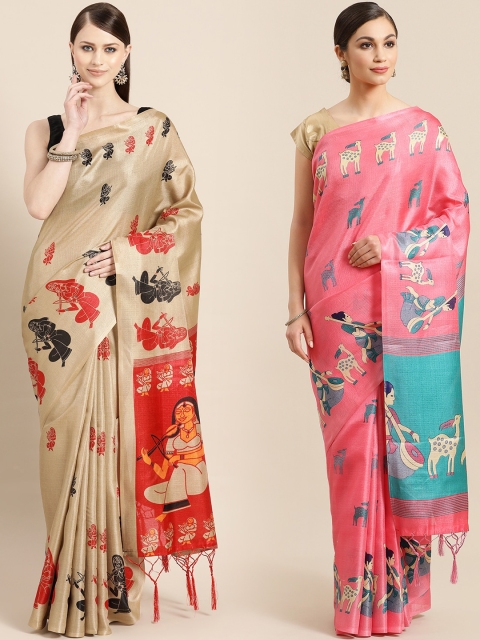 

KALINI Pack of 2 Beige & Pink Printed Art Silk Saree