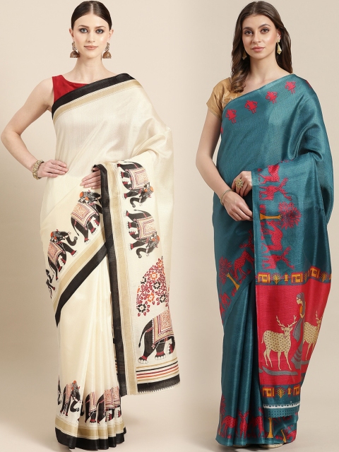

KALINI Pack Of 2 Solid Art Silk Sarees, Off white
