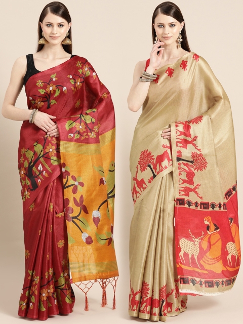 

KALINI Maroon & Beige Art Silk Set of 2 Printed Saree