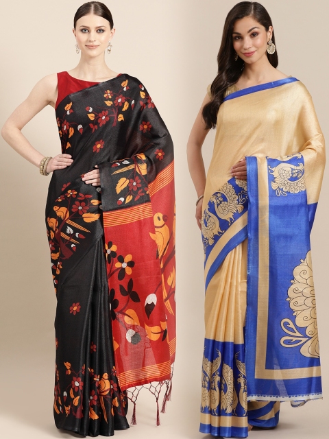 

KALINI Pack of 2 Beige & Black Printed Art Silk Saree