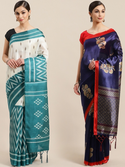 

KALINI Pack of 2White & Blue Art Silk Sarees, White