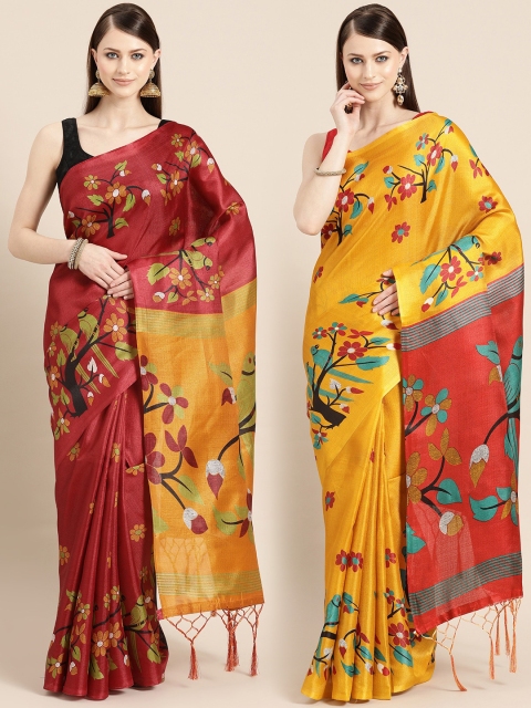 

KALINI Multicoloured printed Saree, Maroon