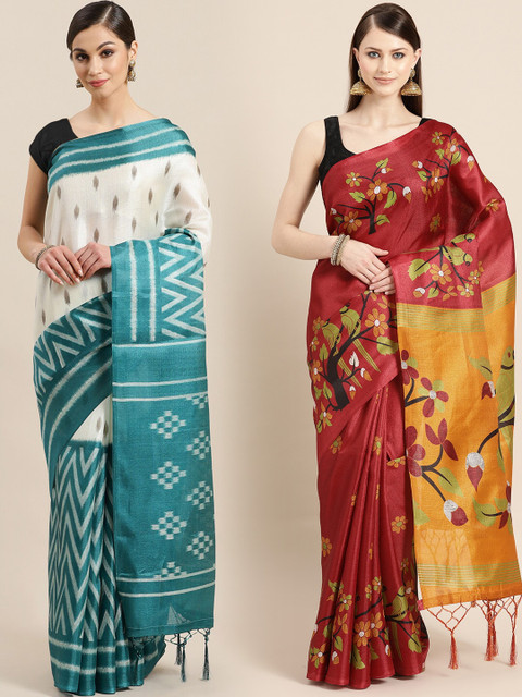 

KALINI Pack Of 2 Printed Art Silk Sarees, White