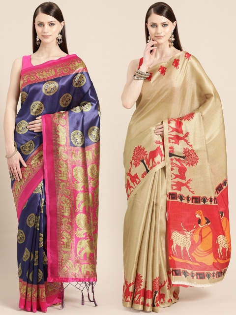 

KALINI Navy Blue & Beige Art Silk Set of 2 Printed Saree