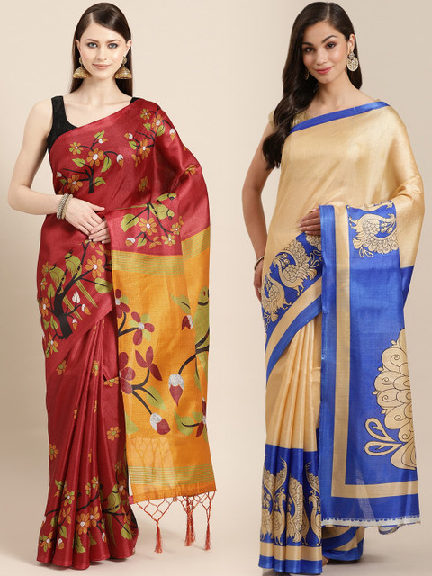 

KALINI Pack of 2 Maroon & Beige Printed Art Silk Saree