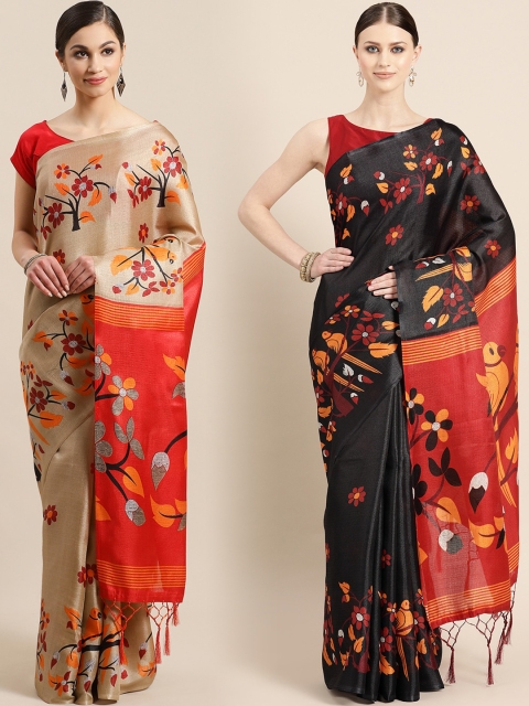 

KALINI Pack of 2 Beige & Red Art Silk Sarees