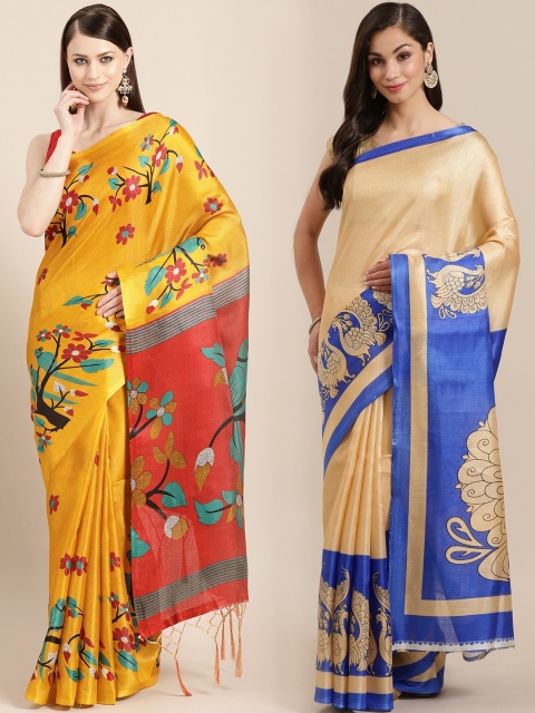 

KALINI Pack of 2 Mustard & Beige Printed Art Silk Saree