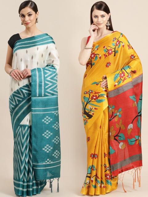 

KALINI Pack of 2 White & Yellow Art Silk Sarees