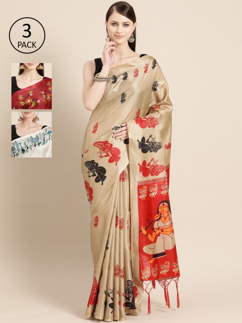 

KALINI Pack of 3 Printed Art Silk Saree, Beige