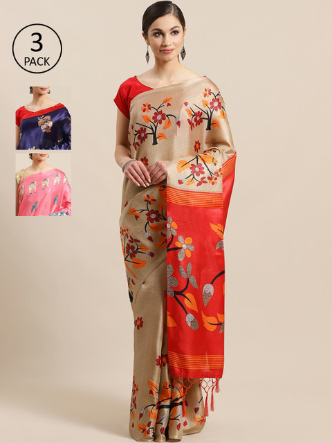 

KALINI Pack of 3 Printed Sarees, Beige