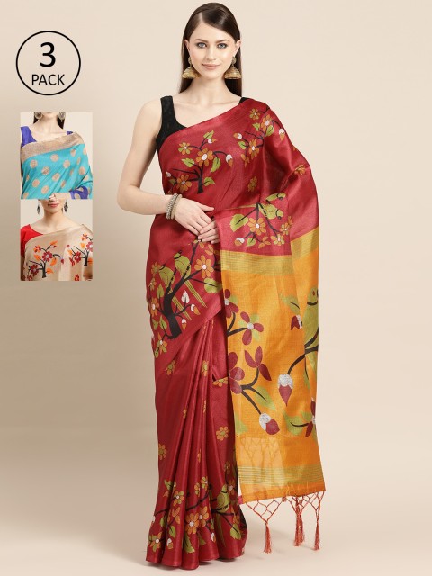 

KALINI Pack of 3 Printed Art Silk Saree, Maroon