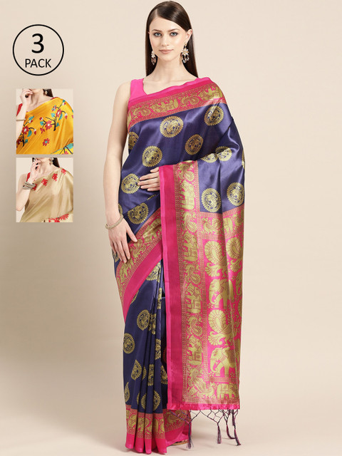 

KALINI Pack of 3 Printed Art Silk Saree, Navy blue