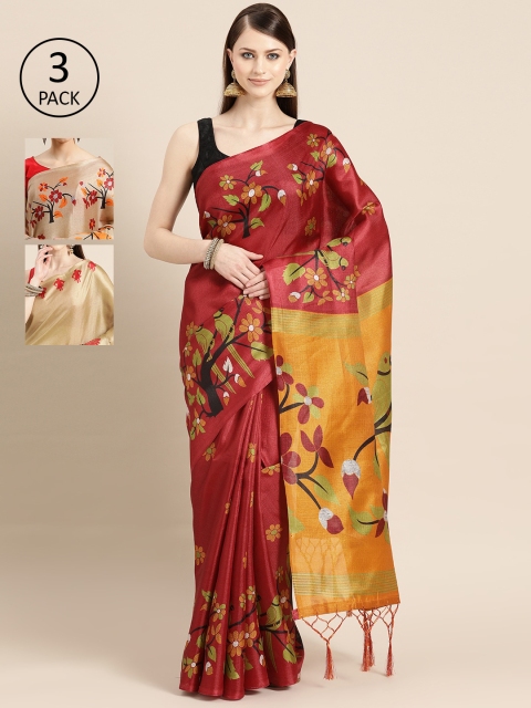 

KALINI Pack of 3 Printed Sarees, Maroon