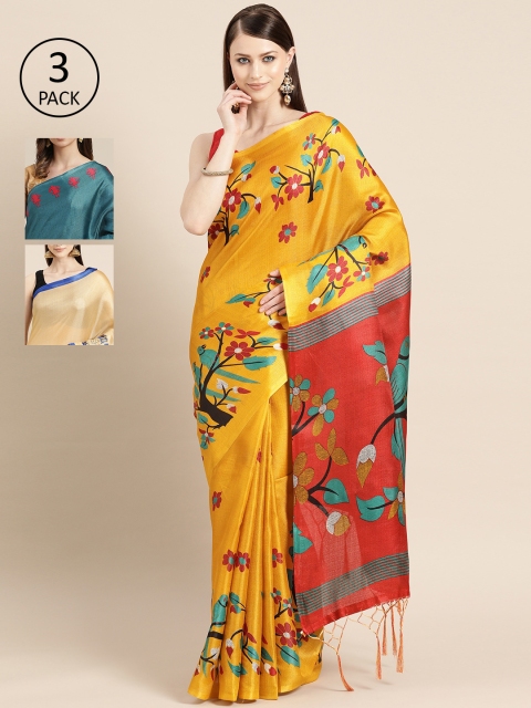 

KALINI Pack of 3 Printed Art Silk Saree, Yellow