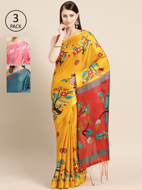 

KALINI Pack of 3 Printed Art Silk Saree, Yellow