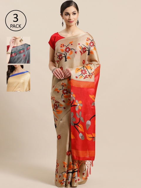 

KALINI Pack of 3 Printed Sarees, Beige