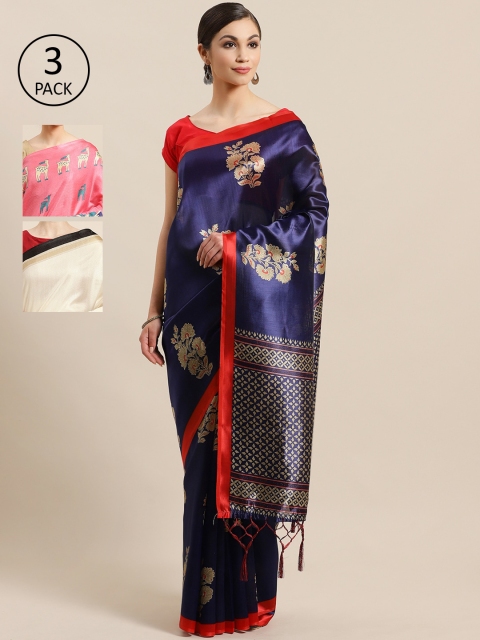 

KALINI Pack of 3 Printed Art Silk Saree, Navy blue