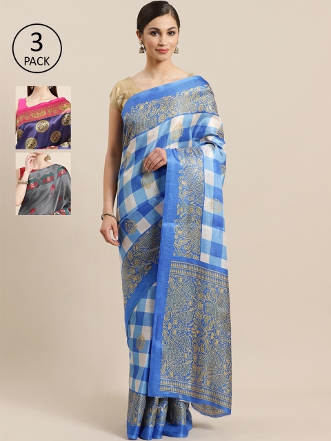 

KALINI Pack of 3 Printed Sarees, Blue